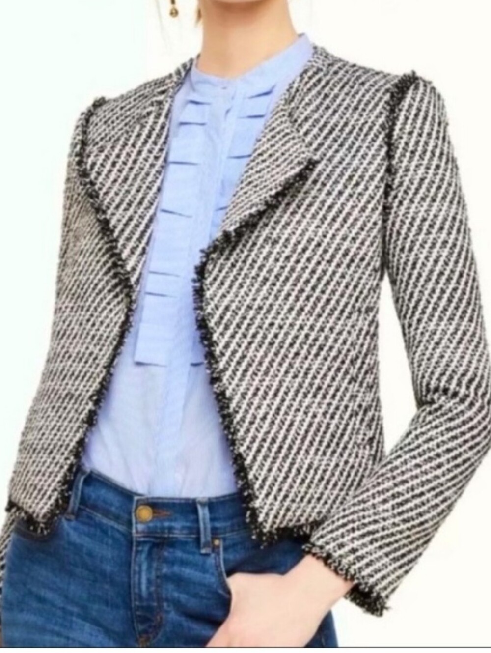 Ann Taylor Fringe Trim Tweed Black And White Blazer Jacket Size 6